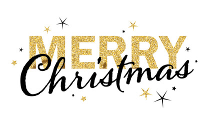 MERRY CHRISTMAS gold glitter vector typography banner with black and gold stars - obrazy, fototapety, plakaty