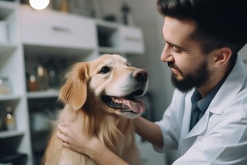 Male veterinarian smiling at happy golden retriever in clinic.