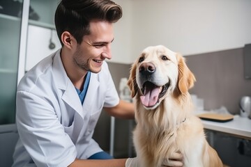 Smiling veterinarian examining a happy golden retriever in a clinic.