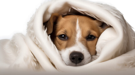 Adorable brown and white dog snuggled under a cozy green and white blanket isolated on a...