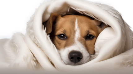 Adorable brown and white dog snuggled under a cozy green and white blanket isolated on a transparent background, Generative AI