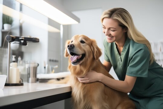 Smiling woman petting a happy golden retriever in a bright home setting. - Powered by Adobe