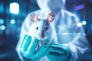 Hand of scientist holding a small mouse for experiment in laboratory - obrazy, fototapety, plakaty
