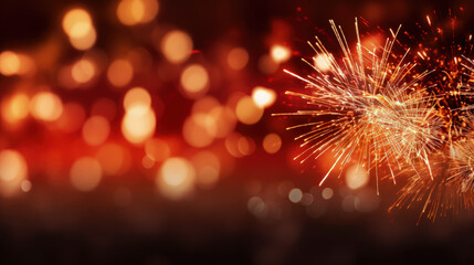 Gold and dark red Fireworks and bokeh in New Year eve and copy space. Abstract background holiday 