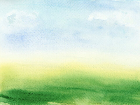 Landscape scenery outdoor watercolor drawing. Field green yellow and blue sky illustration. Country nature grass, park view background