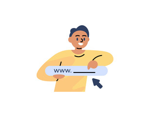 The concept of www or World Wide Web. A man suggests visiting a website. Click the website address link. Character illustration of people. flat illustration concept design. vector elements