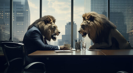 serious lions face each other in a office setting