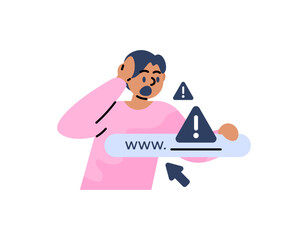 Fototapeta premium A man is shocked because he accesses a dangerous site. Be careful with phishing websites. Warning not to click scam links. Character illustration of people. flat illustration concept design. vector