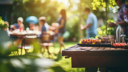 Photo of a family and friends having a picnic barbeque grill in the garden. having fun eating and enjoying time. sunny day in the summer - Powered by Adobe