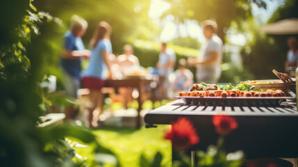 Photo of a family and friends having a picnic barbeque grill in the garden. having fun eating and enjoying time. sunny day in the summer - Powered by Adobe