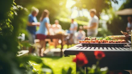 Fotobehang Photo of a family and friends having a picnic barbeque grill in the garden. having fun eating and enjoying time. sunny day in the summer © bornmedia
