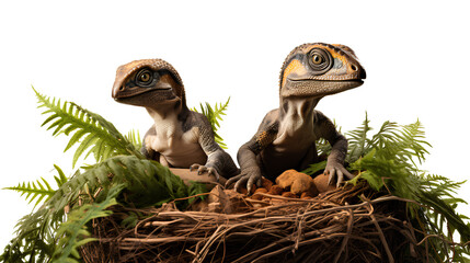 The duo of realistic baby dinosaurs playing, feathered textures, and accurate proportions isolated on a transparent background, Generative AI
