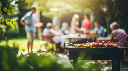 Photo of a family and friends having a picnic barbeque grill in the garden. having fun eating and enjoying time. sunny day in the summer