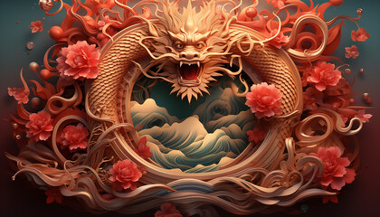 Chinese dragon wood carving decoration element for Years of the Wood Dragon 2024, Generative AI