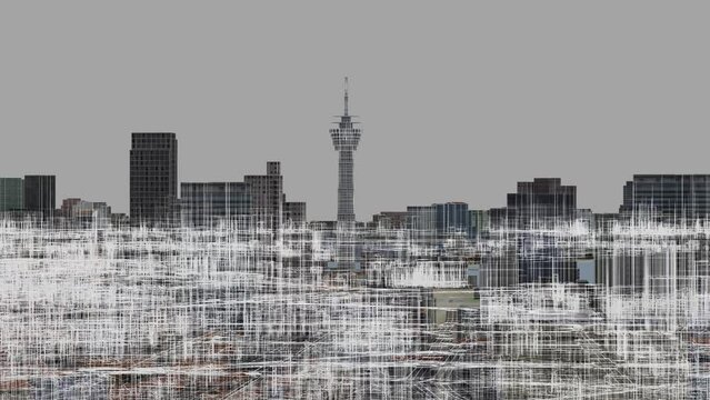 3d wireframe visualization of D&uuml;sseldorf, Germany, Tourism, Digital Topography, GSI data map, BIM, 3d Rendering, 3d Illustration