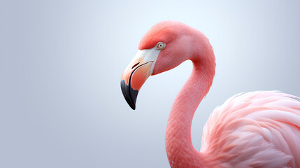 Flamingo the pink feathers rendered in exquisite detail the gray background, Generative AI