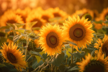 Beautiful Close-up of Sunflowers in the Garden at Sunset, Nature, Spring background, Generative AI
