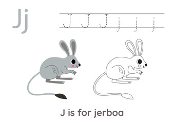 Alphabet tracing worksheet with letter J. Coloring page with cute cartoon jerboa.  Handwriting practice for kids.