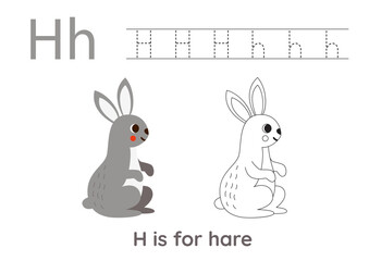 Tracing alphabet letters with cute animals. Color cute hare. Trace letter H.