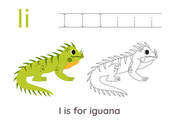 Tracing alphabet letters with cute animals. Color cute iguana. Trace letter I.