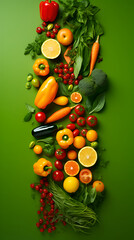 Layout of vegetables on a green background with space for text and design.