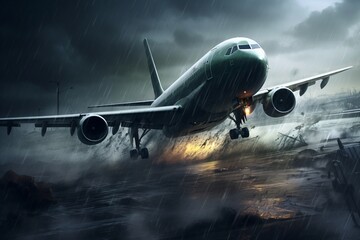 Airplane in the sky during a thunderstorm and severe turbulence.