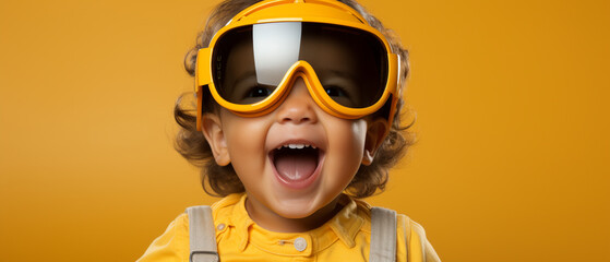 Strahlendes Lächeln: Dunkelhäutiges Baby mit großer Brille - obrazy, fototapety, plakaty