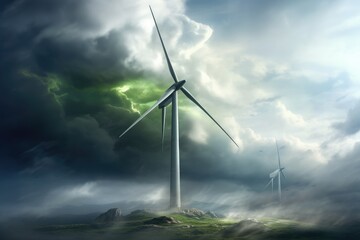 Wind Turbine Symbolizes Green Energy Persistence in Challenging Stormy Weather Conditions