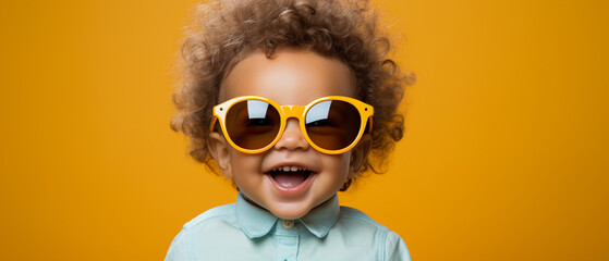 Modebewusstes Kleinkind: Gelbes Shirt und coole Sonnenbrille - obrazy, fototapety, plakaty