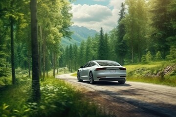 Electric Car Driving Through Forest. Eco-Friendly Transportation Concept