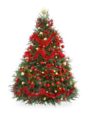 Beautiful Christmas tree decorated with ornaments and garland isolated on white