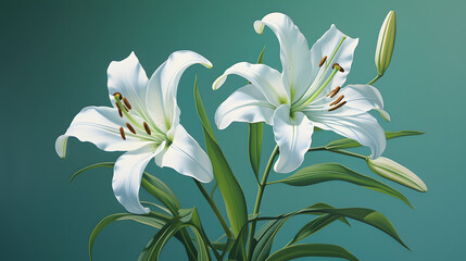 Two white lilies on green background. generative ai. - obrazy, fototapety, plakaty