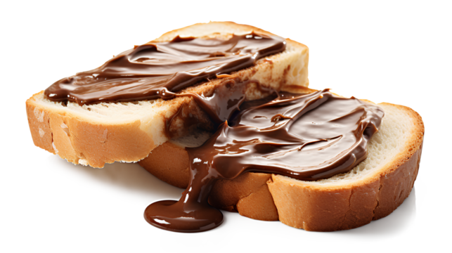 Two slices of bread generously smeared with luscious chocolate spread isolated on a transparent background, Generative AI