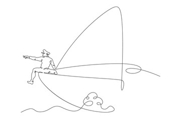 A young man stands on the bow of the ship. Man on the deck of a yacht. Sailor on a boat at sea.One continuous line drawing. Linear. Hand drawn, white background. One line. - Powered by Adobe