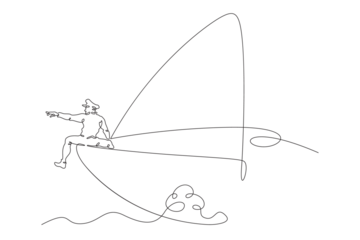 A young man stands on the bow of the ship. Man on the deck of a yacht. Sailor on a boat at sea.One continuous line drawing. Linear. Hand drawn, white background. One line.