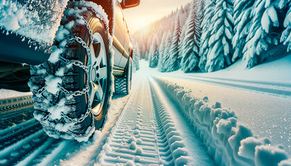winter tires are chained together to prevent slipping on snow - obrazy, fototapety, plakaty