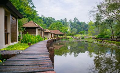 Fototapeta na wymiar The bath houses. Fang Hot Spring National Park is part of Doi Pha Hom Pok National Park in Chiang Mai, Thailand