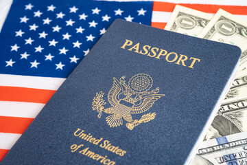 US passport issued to citizen and national of the United States of America to travel in most countries outside with USA flag and dollar money.