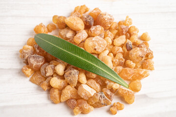 Frankincense or olibanum aromatic resin used in incense and perfumes.