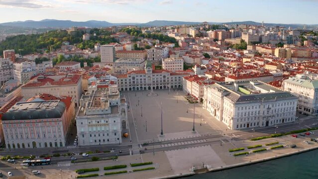 4k drone forward video (Ultra High Definition) of Trieste, Italy, Europe. Aerial seascape of Adriatic sea. Traveling concept background.