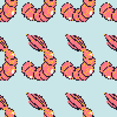 Vector seamless pattern with pink peeled shrimps. Trendy background, design. Pixel art.
