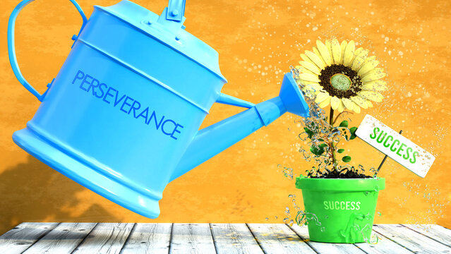 Perseverance grows success. A metaphor in which perseverance is the power that makes success to grow. Same as water is important for flowers to blossom.,3d illustration