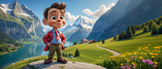 Young Swiss Toon: A Joyful Alpine Adventure with a Cartoonish Twist in the Scenic Swiss Landscape. - obrazy, fototapety, plakaty