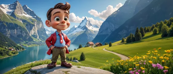 Fotobehang Young Swiss Toon: A Joyful Alpine Adventure with a Cartoonish Twist in the Scenic Swiss Landscape. © Frameworld