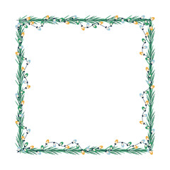 Christmas frame, garland with light bulbs, tree branch.