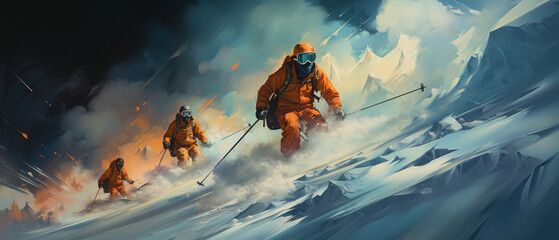 Dynamischer Skilauf: Gruppe von Skifahrern im Schnee - obrazy, fototapety, plakaty