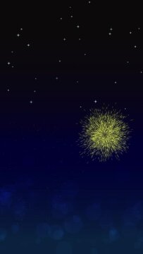 The animated vertical background features fireworks on a night sky with sparkling stars. The motion graphic shows the exploding fireworks scene with a dark sky background. Looping vertical video.