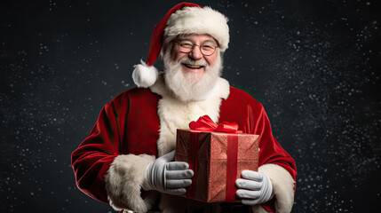 happy smiling santa claus with white beard and glasses holding big red gift box on solid background in studio created with Generative AI Technology