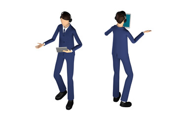 ITサポートで働く男性の3Dイラスト。ヘッドセットをつけている。タブレットを持っている。