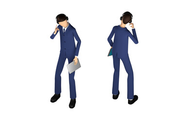 ITサポートで働く男性の3Dイラスト。ヘッドセットをつけている。タブレットを持っている。ヘッドフォンに集中している。